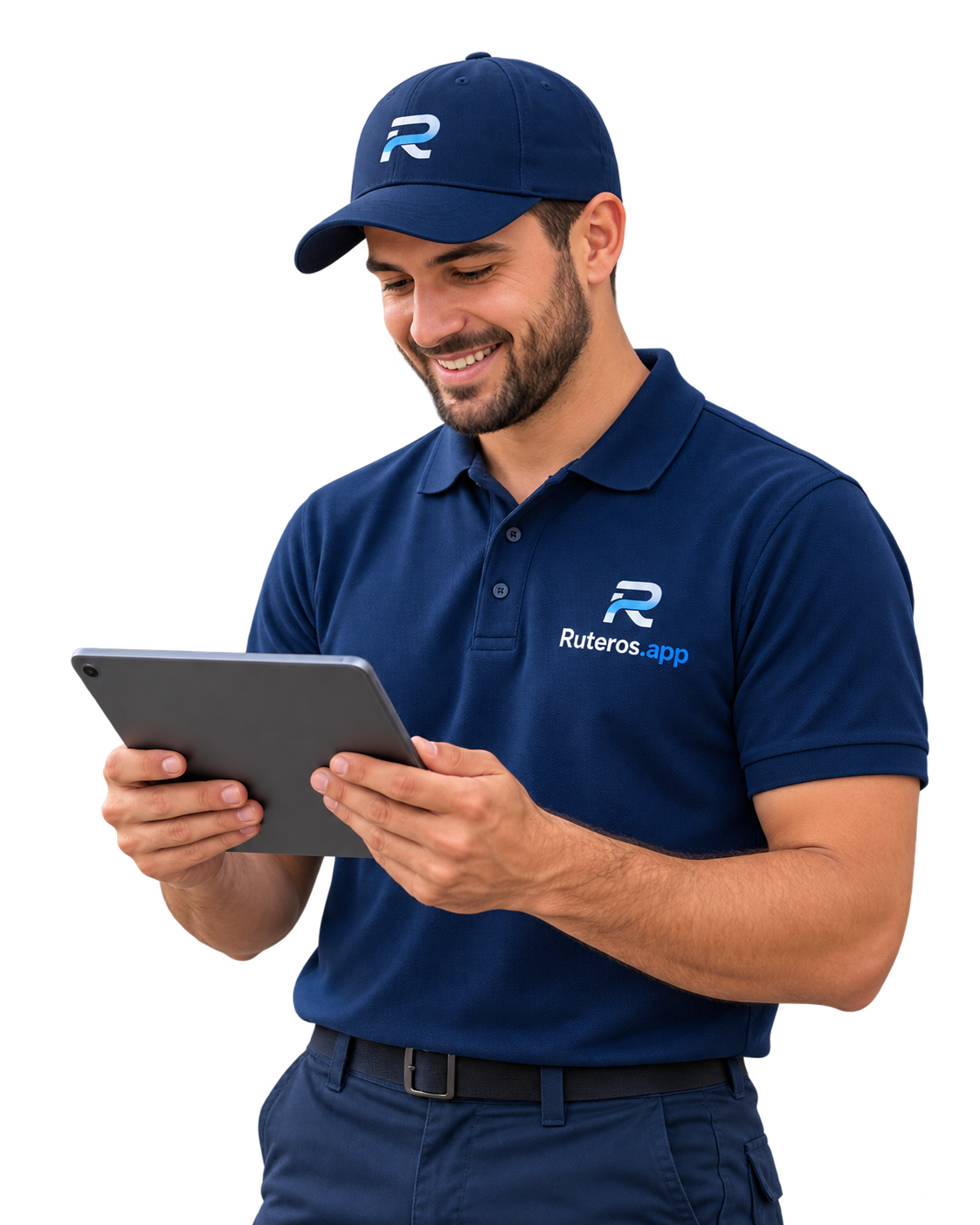Vendedor con gorra azul, uniforme Ruteros.app y tableta